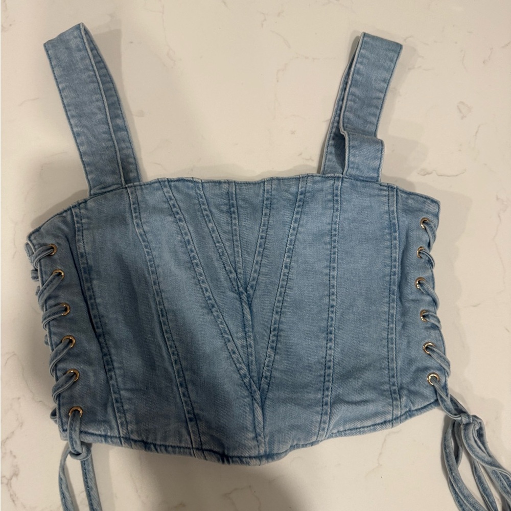 Fashion Nova Light Blue Denim Lace-Up Crop Top